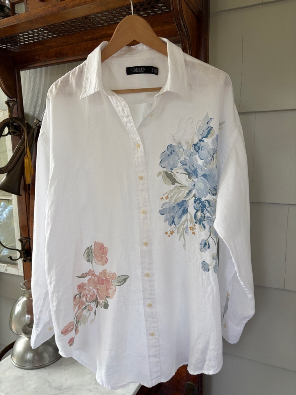 Ralph Lauren Button-Down Shirt or Swim Cover-Up Blue Pink Floral - Picture 2 of 9